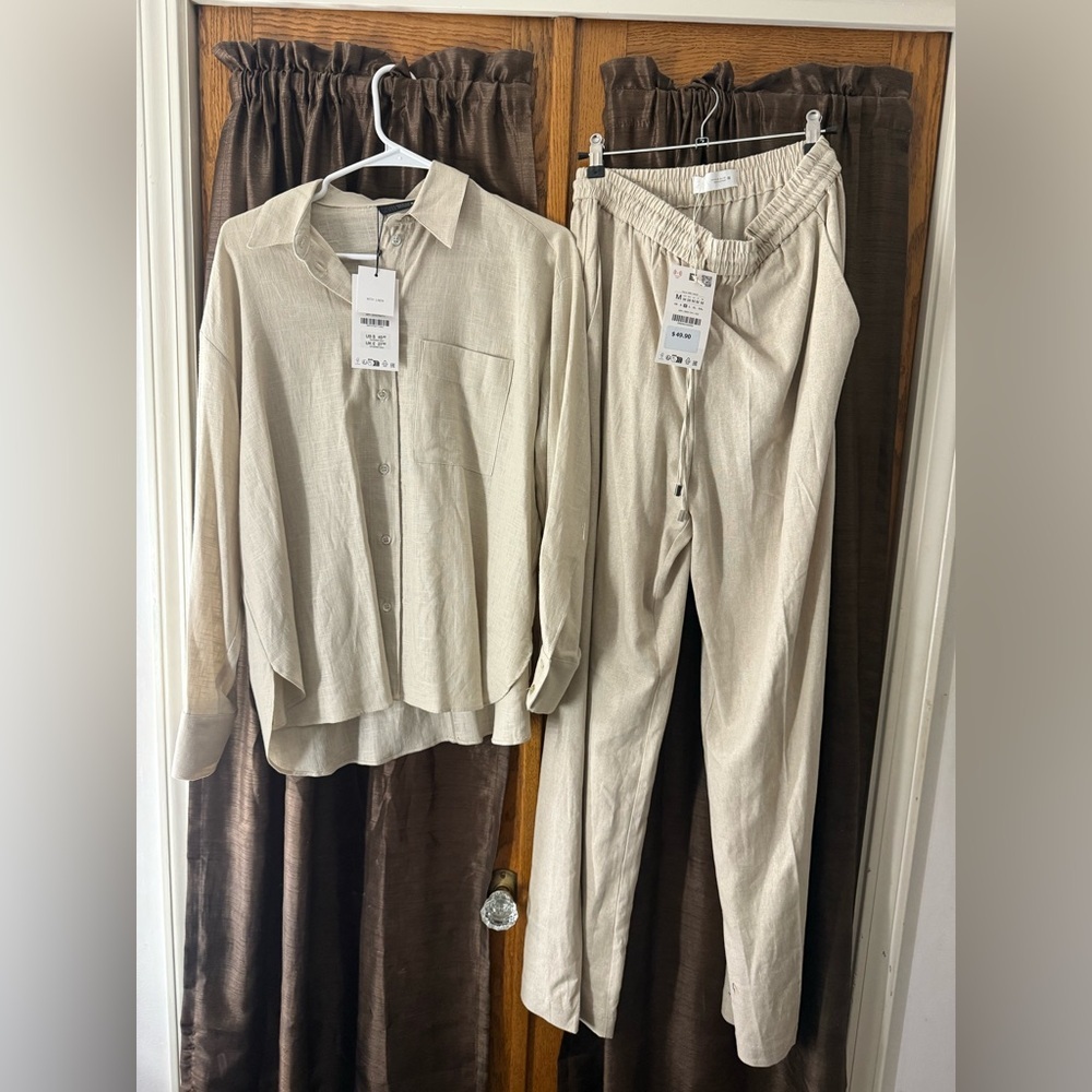 NWT Zara Linen Blend Matching Set Beige Button Up Shirt XS Pants M